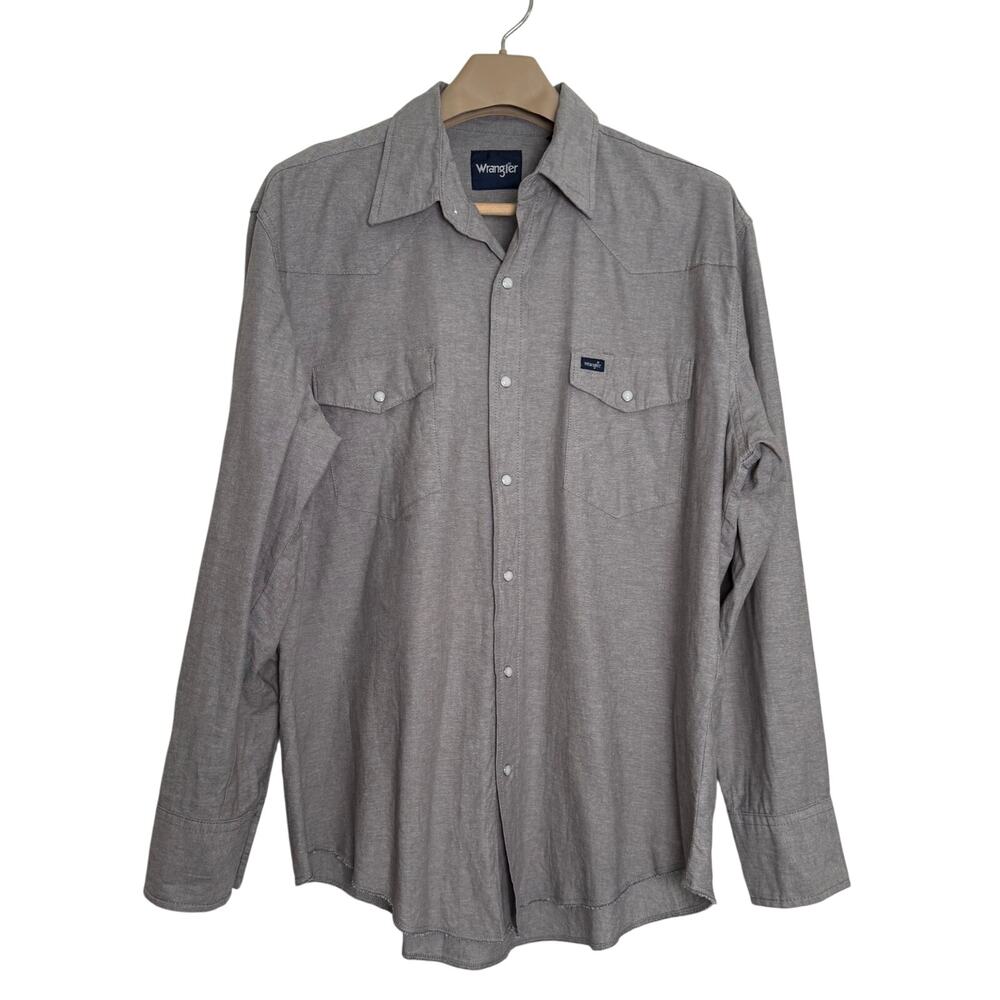 Wrangler Western Pearl Snap Shirt Gray Pearl Snaps SIZE XL Mens 100% Cotton